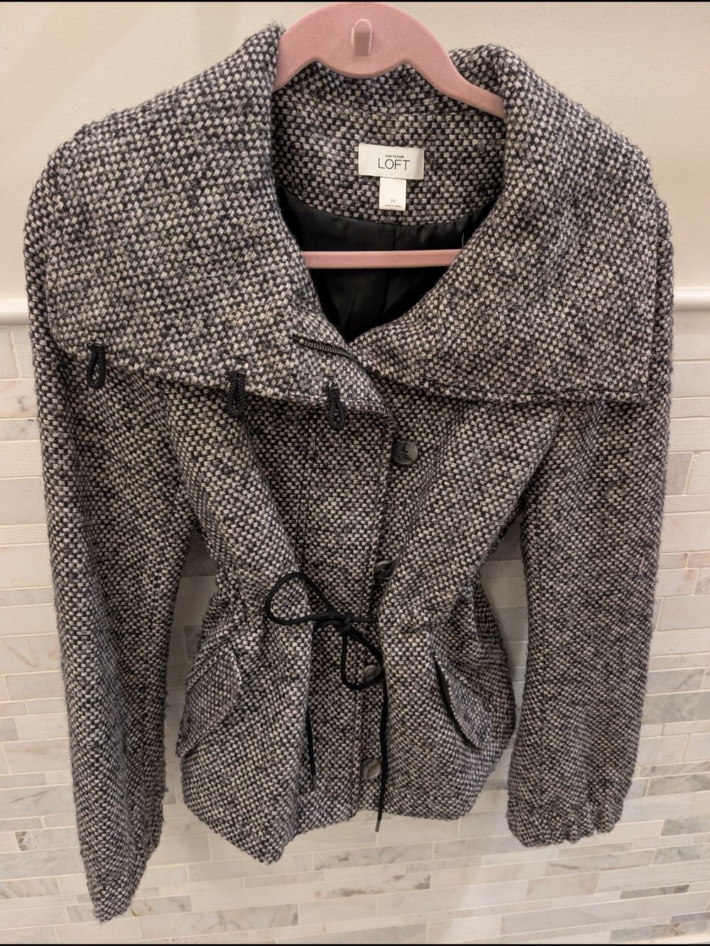 LOFT Gray Textured Peplum Tie-Waist Peacoat